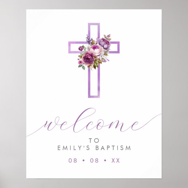 Purple Floral Cross Modern Script Welcome Poster (Front)