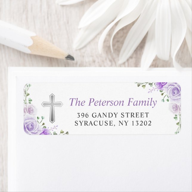 Purple Floral Cross Religious Return Address Label (Insitu)