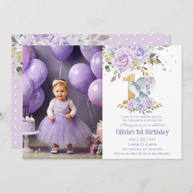 Purple Floral Cute Elephant One 1st Birthday Photo Invitation (Front/Back)