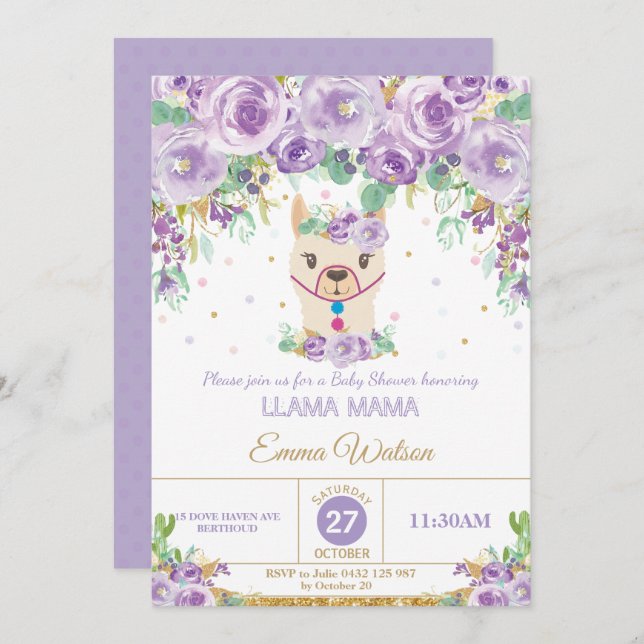 Purple Floral Cute Llama Mama Baby Shower Girl Invitation (Front/Back)