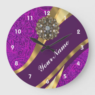 Purple floral damask  gold swirl large clock