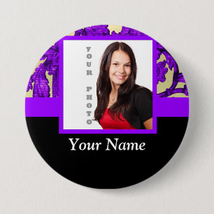 Purple floral damask photo template 7.5 cm round badge