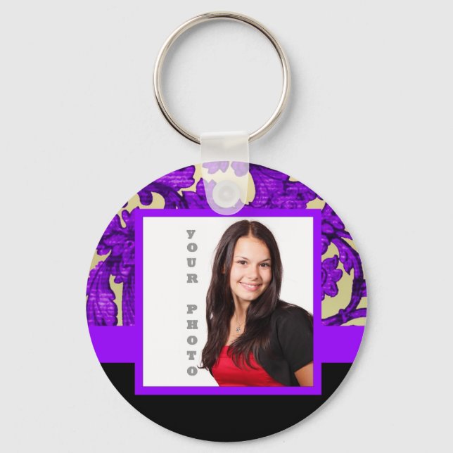 Purple floral damask photo template key ring (Front)
