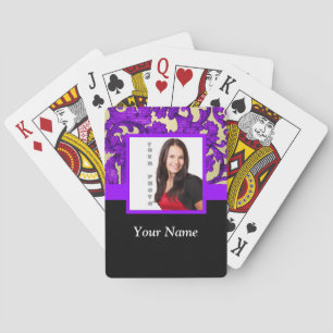 Purple floral damask photo template playing cards