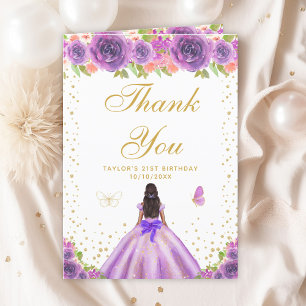 Purple Floral Dark Skin Girl Birthday Party Thank You Card