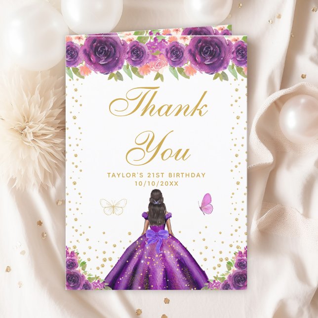 Purple Floral Dark Skin Girl Birthday Party Thank You Card (Creator Uploaded)