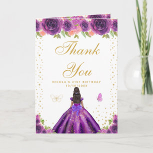 Purple Floral Dark Skin Girl Birthday Thank You Card