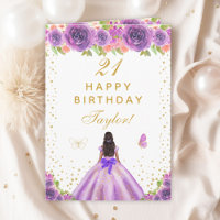 Purple Floral Dark Skin Girl Happy Birthday