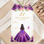 Purple Floral Dark Skin Girl Happy Birthday Gift Tags<br><div class="desc">This elegant and glamourous happy birthday gift tag can be personalised with a name. The design features a beautiful princess with dark hair and dark skin in a dark purple ball gown. The text combines handwritten script and modern sans serif fonts for a classy and sophisticated look. The floral arrangements,...</div>