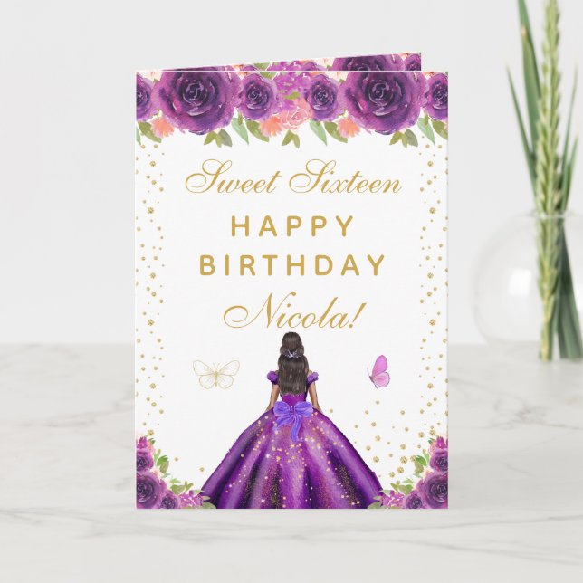Purple Floral Dark Skin Girl Sweet Sixteen Card (Front)