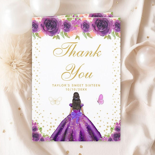 Purple Floral Dark Skin Girl Sweet Sixteen Thank You Card (Creator Uploaded)