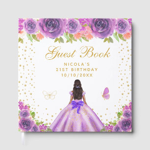 Purple Floral Dark Skin Princess Birthday Party Guest Book