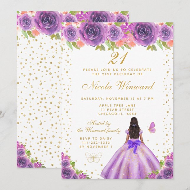 Purple Floral Dark Skin Princess Birthday Party Invitation (Front/Back)