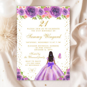 Purple Floral Dark Skin Princess Birthday Party Invitation