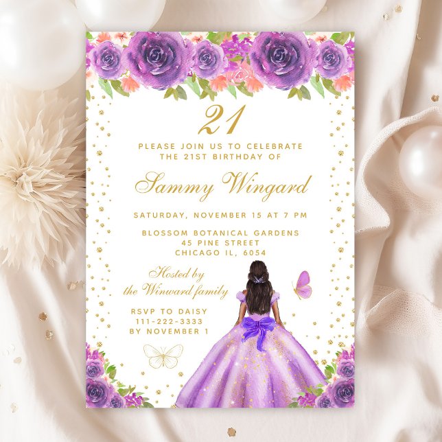 Purple Floral Dark Skin Princess Birthday Party Invitation (Creator Uploaded)