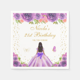 Purple Floral Dark Skin Princess Birthday Party Napkin