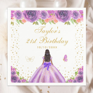 Purple Floral Dark Skin Princess Birthday Party Napkin