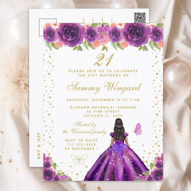 Purple Floral Dark Skin Princess Birthday Party Postcard (Creator Uploaded)