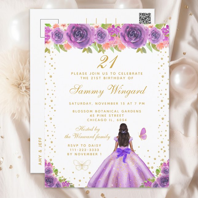 Purple Floral Dark Skin Princess Birthday Party Postcard (Creator Uploaded)