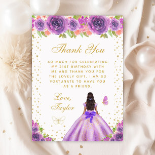 Purple Floral Dark Skin Princess Birthday Party Thank You Card