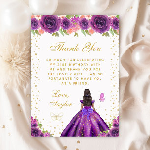 Purple Floral Dark Skin Princess Birthday Party Thank You Card
