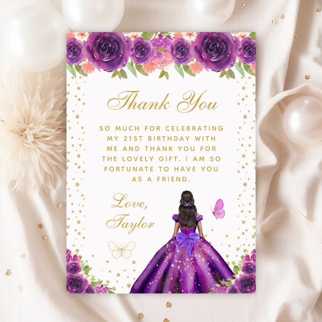 Purple Floral Dark Skin Princess Birthday Party Thank You Card (Creator Uploaded)