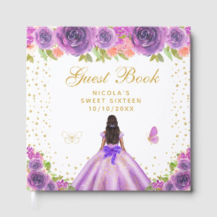 Purple Floral Dark Skin Princess Sweet Sixteen Guest Book
