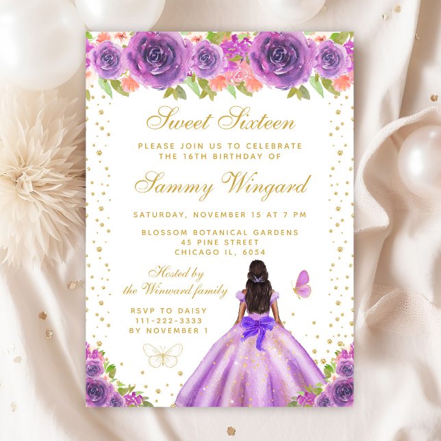 Purple Floral Dark Skin Princess Sweet Sixteen Invitation (Creator Uploaded)