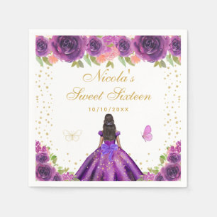 Purple Floral Dark Skin Princess Sweet Sixteen Napkin