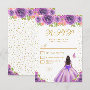 Purple Floral Dark Skin Princess Sweet Sixteen RSVP Card
