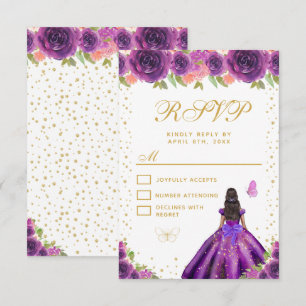 Purple Floral Dark Skin Princess Sweet Sixteen RSVP Card