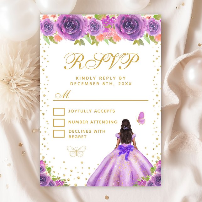 Purple Floral Dark Skin Princess Sweet Sixteen RSVP Card (Creator Uploaded)