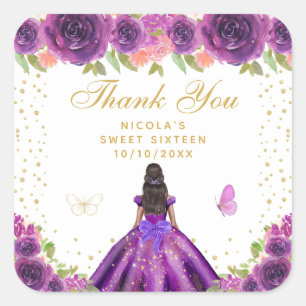 Purple Floral Dark Skin Princess Sweet Sixteen Square Sticker