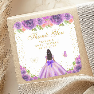 Purple Floral Dark Skin Princess Sweet Sixteen Square Sticker
