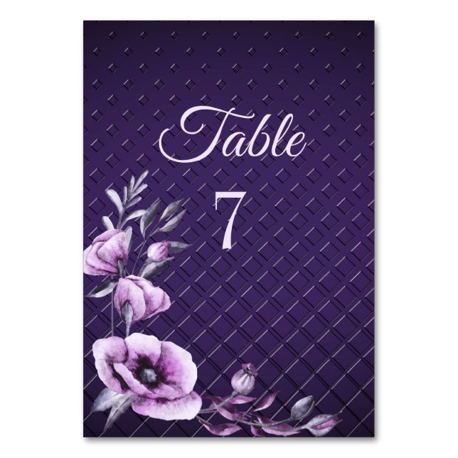 Purple Floral Decorative Wedding Table Number (Front)