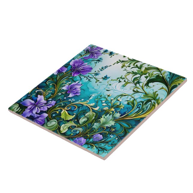 Purple Floral Design With Greenery Ceramic Tile (Side)