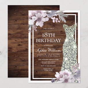 Purple Floral Diamond Dress Rustic 18th Birthday Invitation