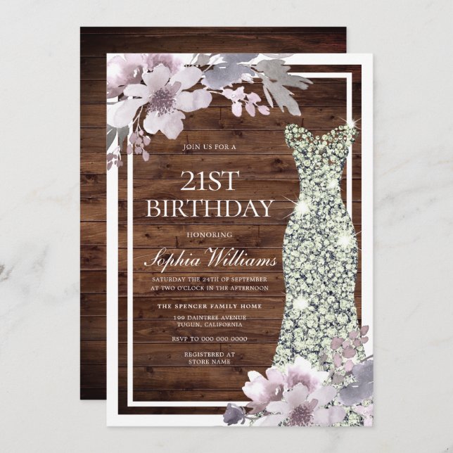 Purple Floral Diamond Dress Rustic 21st Birthday Invitation (Front/Back)