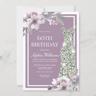 Purple Floral Diamond Dress Womans 60th Birthday Invitation