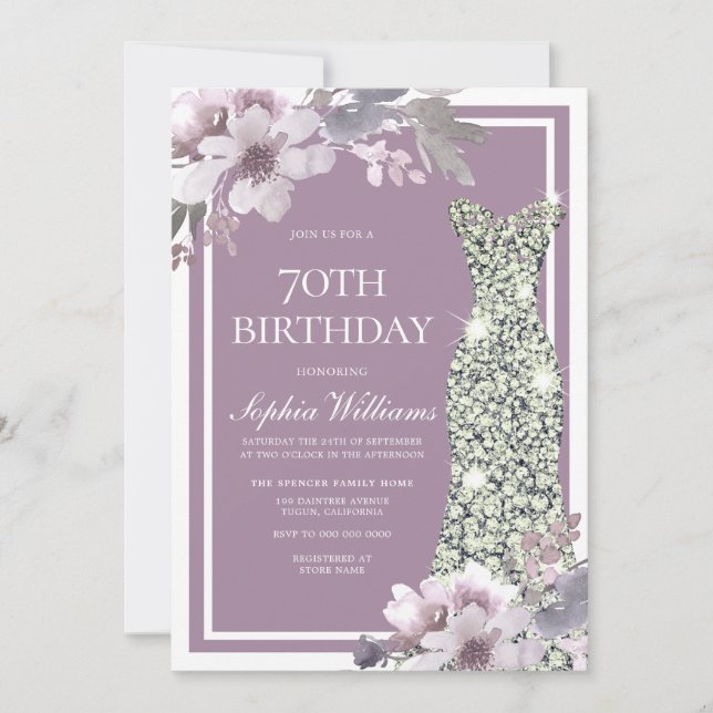 Purple Floral Diamond Dress Womans 70th Birthday Invitation (Front)