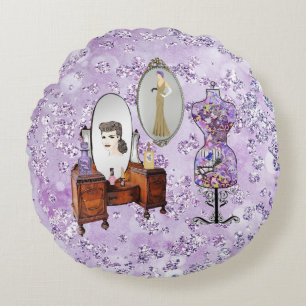 Purple Floral Dress Form & Dresser Bokeh Bling Round Cushion