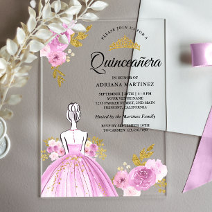 Purple Floral Dress Princess Gold Quinceanera Acrylic Invitations