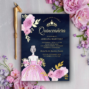 Purple Floral Dress Princess Navy Quinceanera Gold