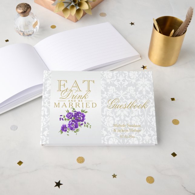 Purple Floral Eat, Drink and Be Married Guestbook (Front Open)