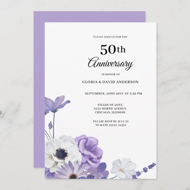 Purple Floral Elegant 50th Wedding Anniversary Invitation (Front/Back)