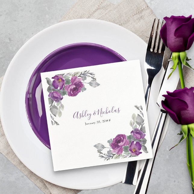 Purple Floral Elegant Botanical Wedding Napkins (Elegant purple floral napkins from my Plush Purple Wedding Collection )