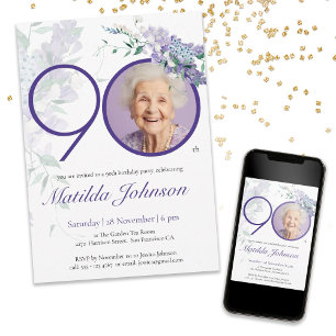 Purple Floral Elegant Custom Photo 90th Birthday Invitation