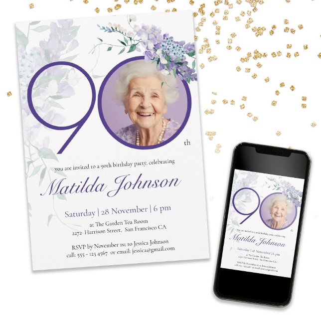 Purple Floral Elegant Custom Photo 90th Birthday Invitation (Mockup View)