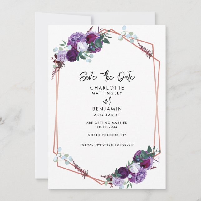 Purple Floral Elegant Geometric Wedding Save The Date (Front)