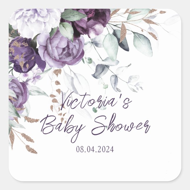 Purple Floral Elegant Personalised Baby Shower Square Sticker (Front)